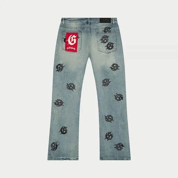 103 Godspeed Black Logo Embroidered Light Wash Denim Jeans - Image 1