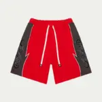 Red Contrast Panel Streetwear Shorts – Oversized Graphic Drawstring Sweat Shorts