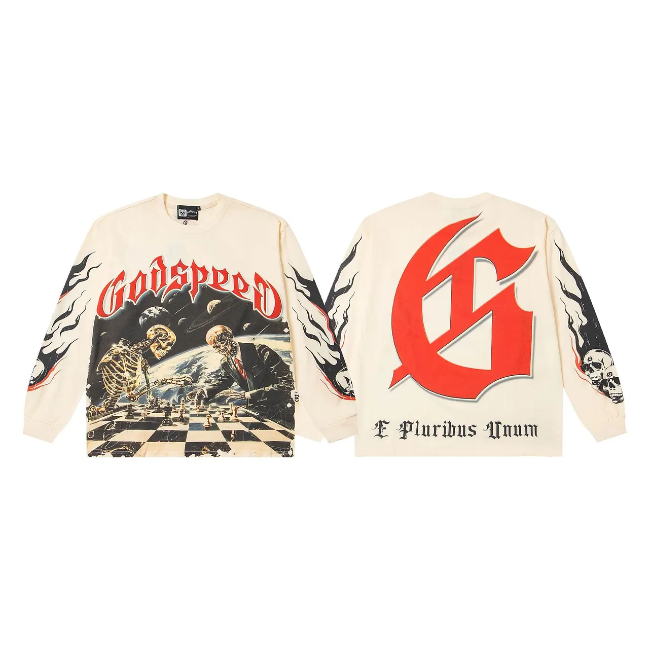 56 Godspeed Skeleton Chess Long Sleeve Tee – Beige - Image 1