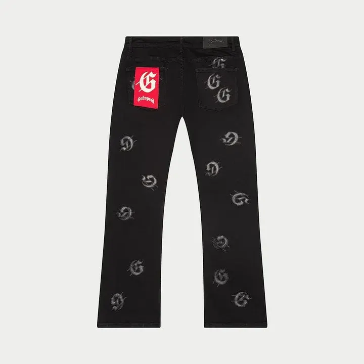 90 Godspeed Monochrome Logo Embroidered Black Denim Jeans - Image 1