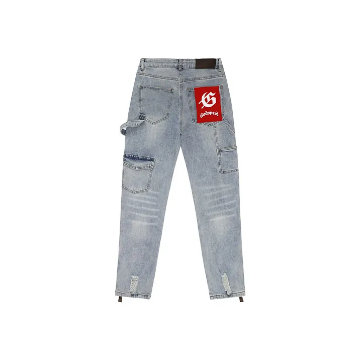 99 Godspeed Light Wash Embroidered Cargo Denim Jeans - Image 1